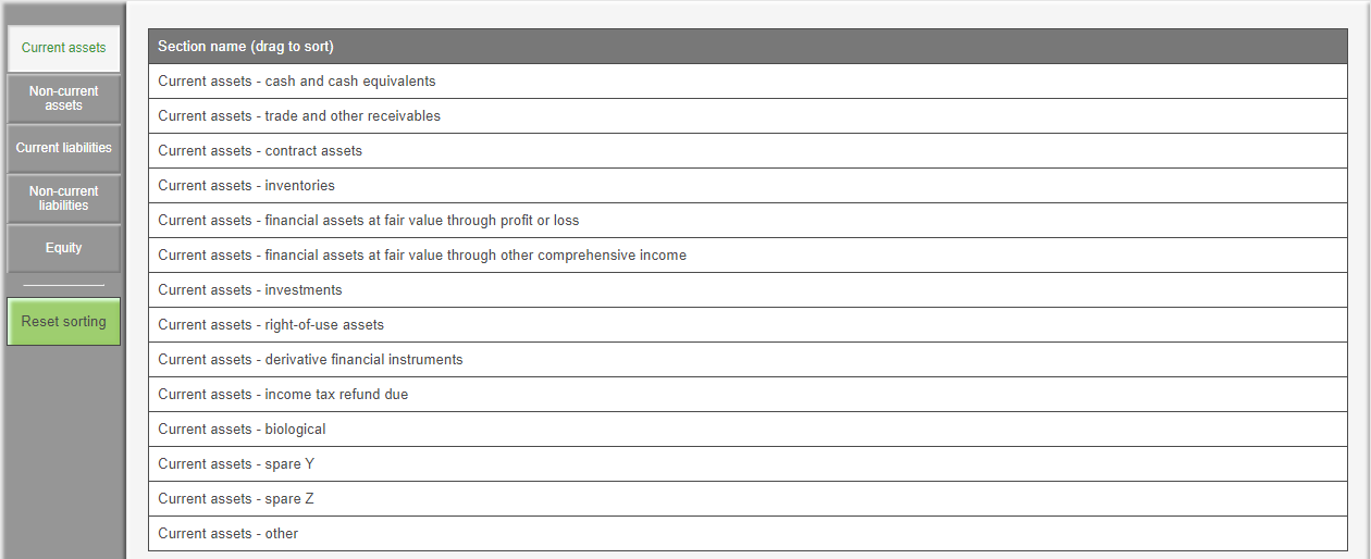 Image shows Sort notes screen in the software. The Current assets notes in the report are listed.